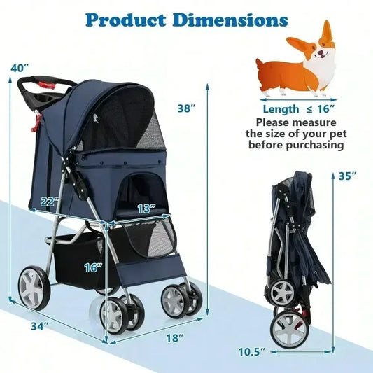Navy Folding Pet Stroller – 4-Wheel Travel Carrier with Storage Basket