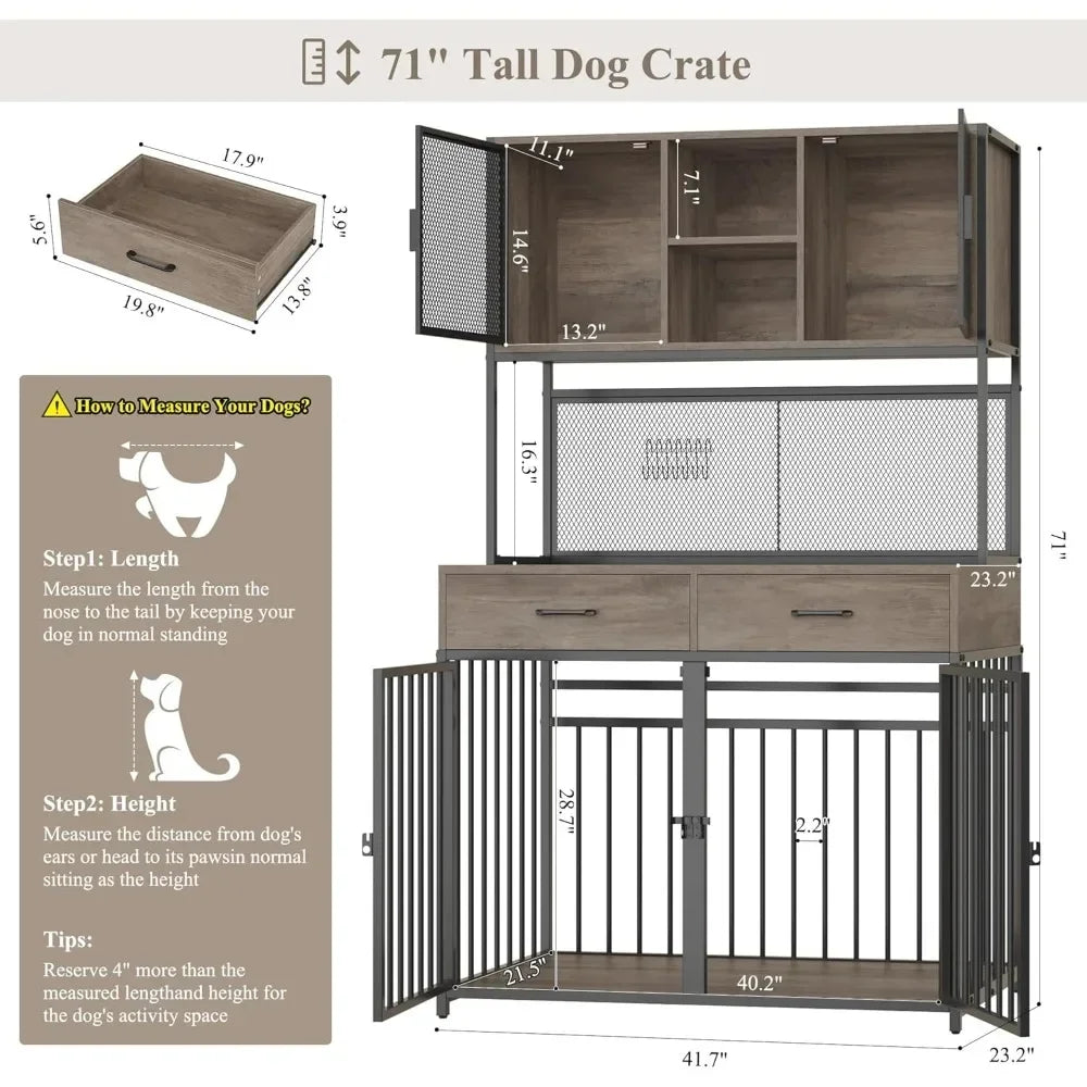 71" Tall Indoor Wooden Dog Crate with Hutch – Spacious 42" W Kennel & Storage Drawers