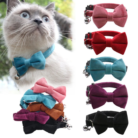 Velvet Cat Collar with Bowknot and Bell – Adjustable Safety Buckle for Puppies and Small Cats