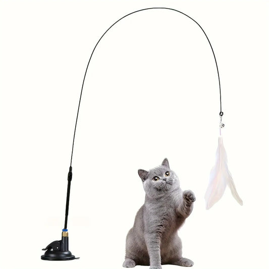 Interactive Cat Teaser Toy – Feather Wand with Bell & Suction Cup Pole for Nonstop Fun