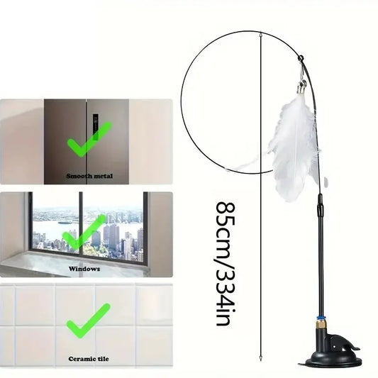 Interactive Cat Teaser Toy – Feather Wand with Bell & Suction Cup Pole for Nonstop Fun