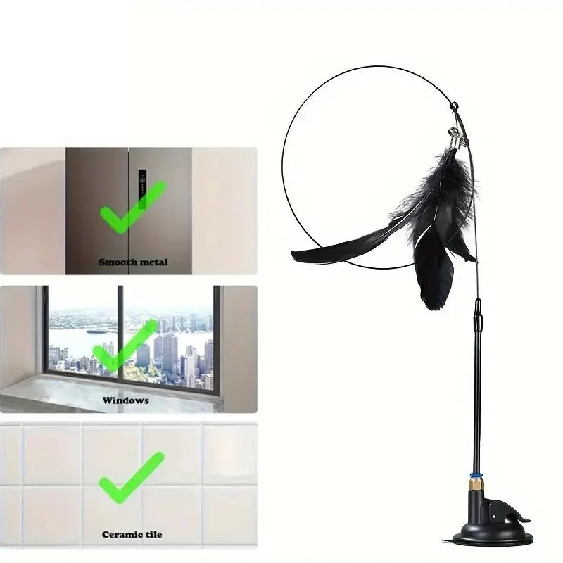 Interactive Cat Teaser Toy – Feather Wand with Bell & Suction Cup Pole for Nonstop Fun