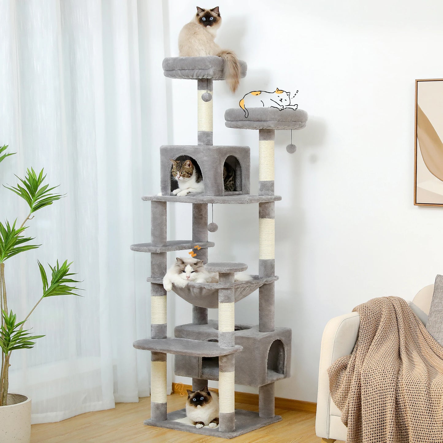 Cat Tree Tower – Multi-Level Indoor Playground with Sisal Scratching Posts, Hammock, Padded Perches & Cozy Condos