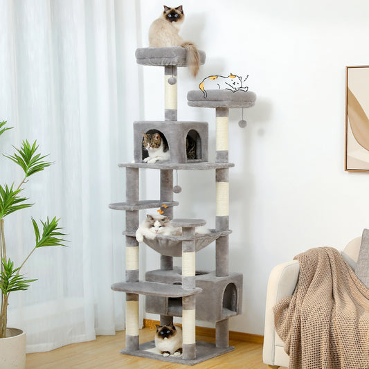 Cat Tree Tower – Multi-Level Indoor Playground with Sisal Scratching Posts, Hammock, Padded Perches & Cozy Condos