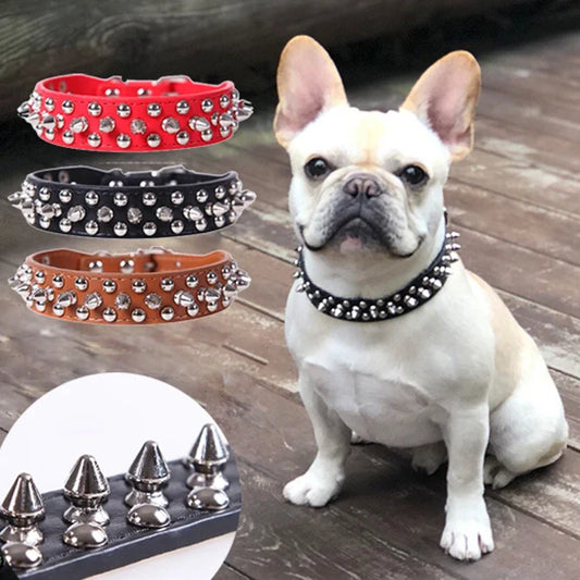 Adjustable PU Leather Spiked Dog Collar – Punk Rivet Design for Small Dogs and Cats