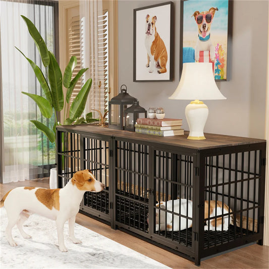 Large Wooden Dog Crate – Furniture-Style Indoor Kennel with 3 Doors, Removable Tray & End Table Design