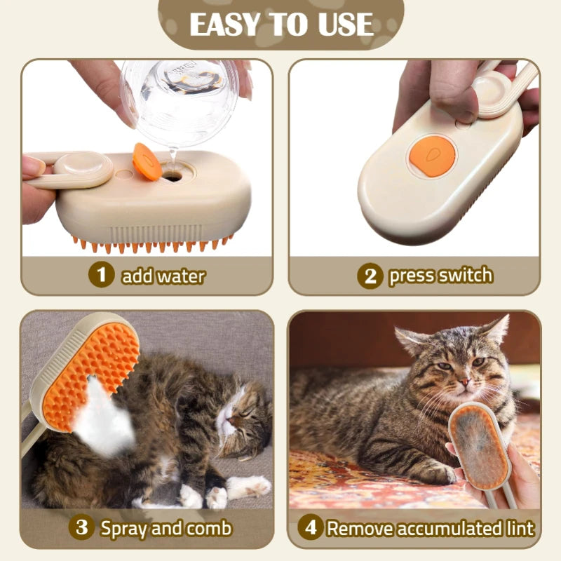 3-in-1 Steam Cat Brush – Pet Hair Remover, Steamy Spray & Massage Comb