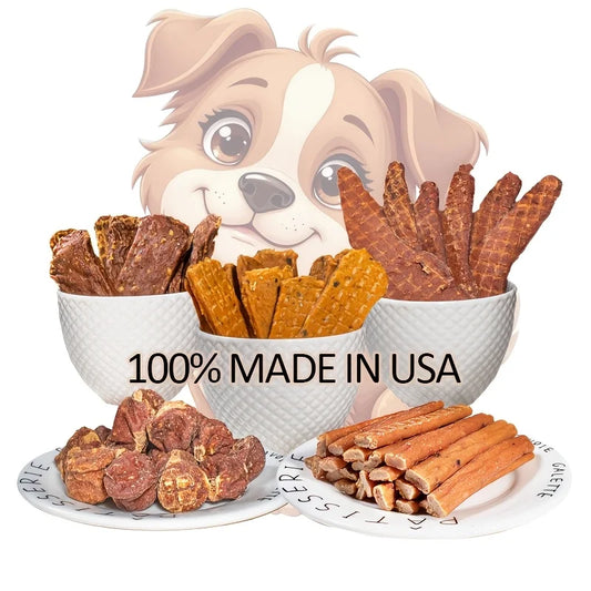 Delicious Dog Snacks Variety Pack – Beef Jerky, Duck Jerky, Chicken Sweet Potato Sticks, Turkey Meatballs & Dried Salmon