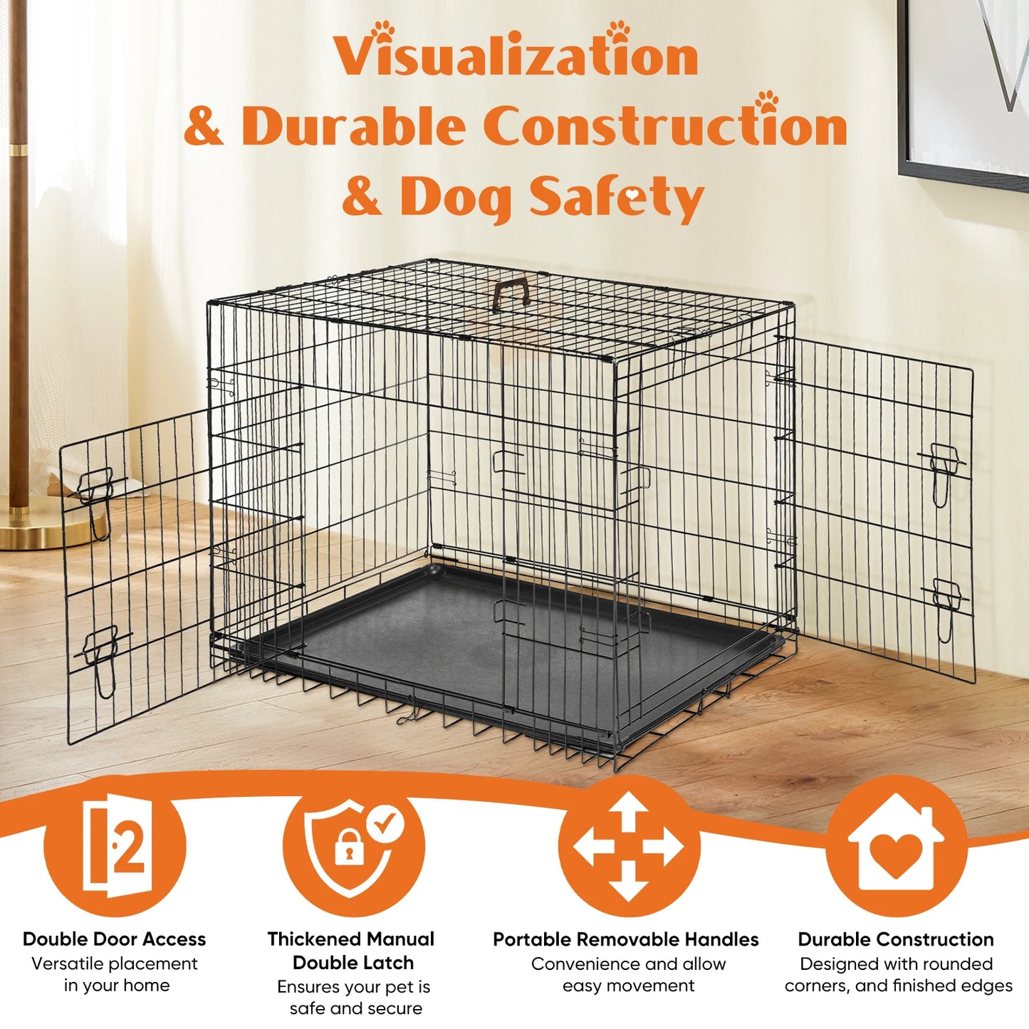 Double Door Folding Metal Wire Dog Cage – Extra Large Pet Kennel with Leak-Proof Pan Tray for Indoor & Outdoor Use