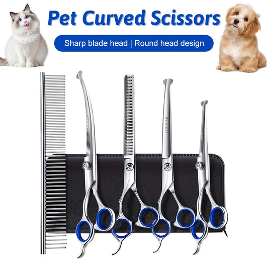 Professional 7-Inch 4CR Stainless Steel Pet Hair Shears – 7-Piece Grooming Scissors Set