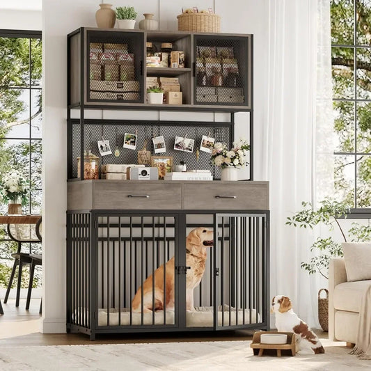 71" Tall Indoor Wooden Dog Crate with Hutch – Spacious 42" W Kennel & Storage Drawers