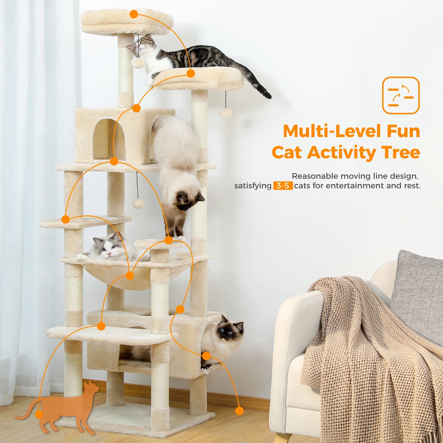 Cat Tree Tower – Multi-Level Indoor Playground with Sisal Scratching Posts, Hammock, Padded Perches & Cozy Condos