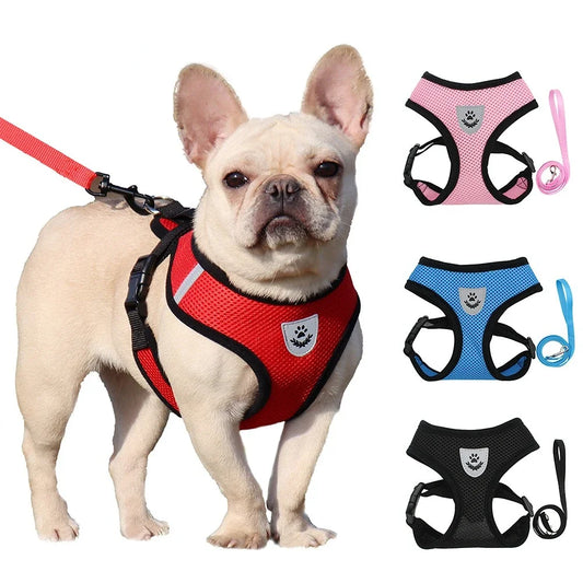 Summer Adjustable Pet Harness & Leash – Breathable Polyester Mesh with Reflective Strips