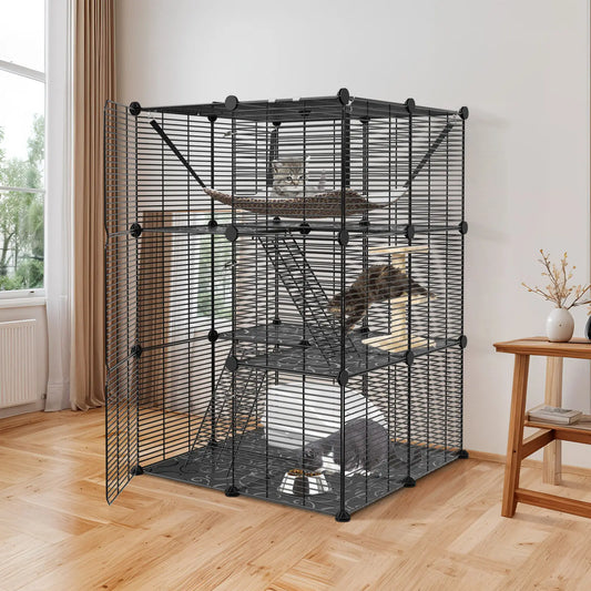 3-Tier Cat Cage Enclosure – Metal Wire Cat Kennel Playpen with Hammock for 1–2 Cats