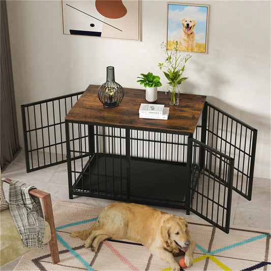 Large Wooden Dog Crate – Furniture-Style Indoor Kennel with 3 Doors, Removable Tray & End Table Design