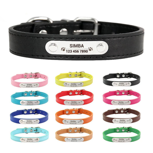 Personalized PU Leather Dog Collar with Name Carved ID – Anti-Lost Solid Collar for Small, Medium & Large Dogs and Cats