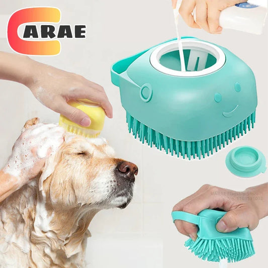 Dog Bathing Brush with Shampoo Dispenser – Soft Silicone Massage & Grooming Tool for Dogs & Cats