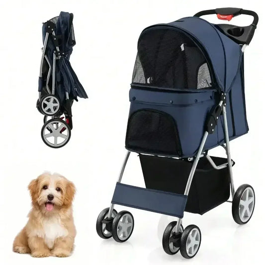 Navy Folding Pet Stroller – 4-Wheel Travel Carrier with Storage Basket