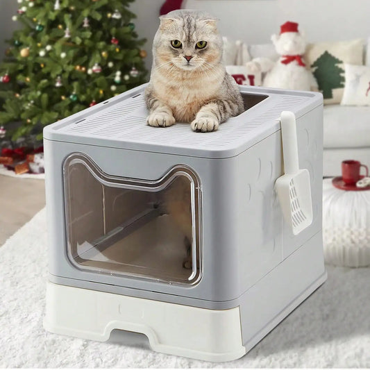 Convenient Foldable Cat Litter Box with Drawer Design and Scooper – Easy Waste Management