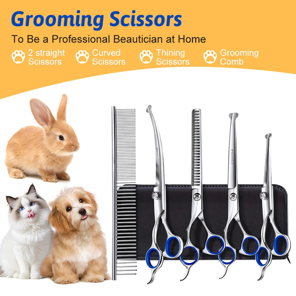 Professional 7-Inch 4CR Stainless Steel Pet Hair Shears – 7-Piece Grooming Scissors Set