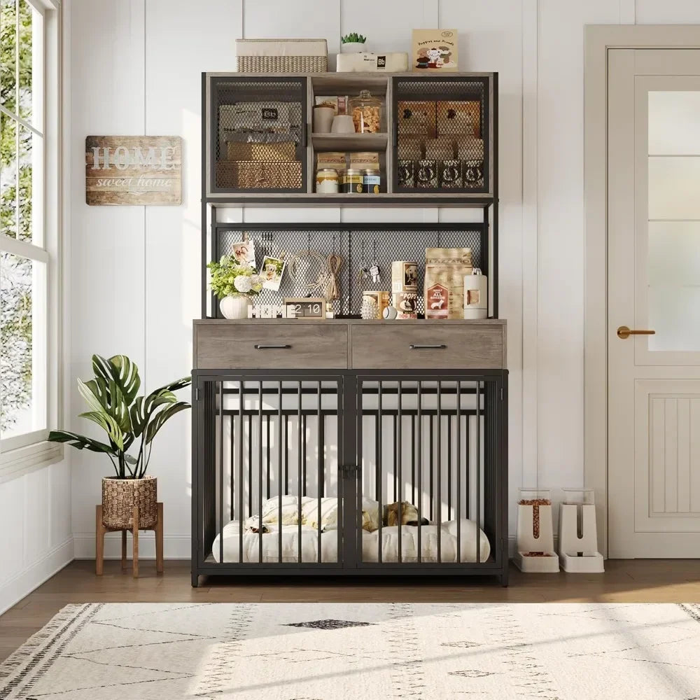 71" Tall Indoor Wooden Dog Crate with Hutch – Spacious 42" W Kennel & Storage Drawers